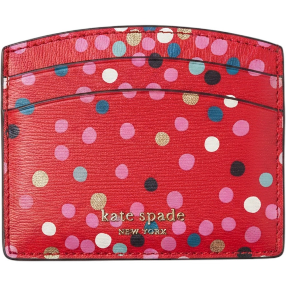 Kate Spade New York card holder bright red leather with multi-colored polka dots